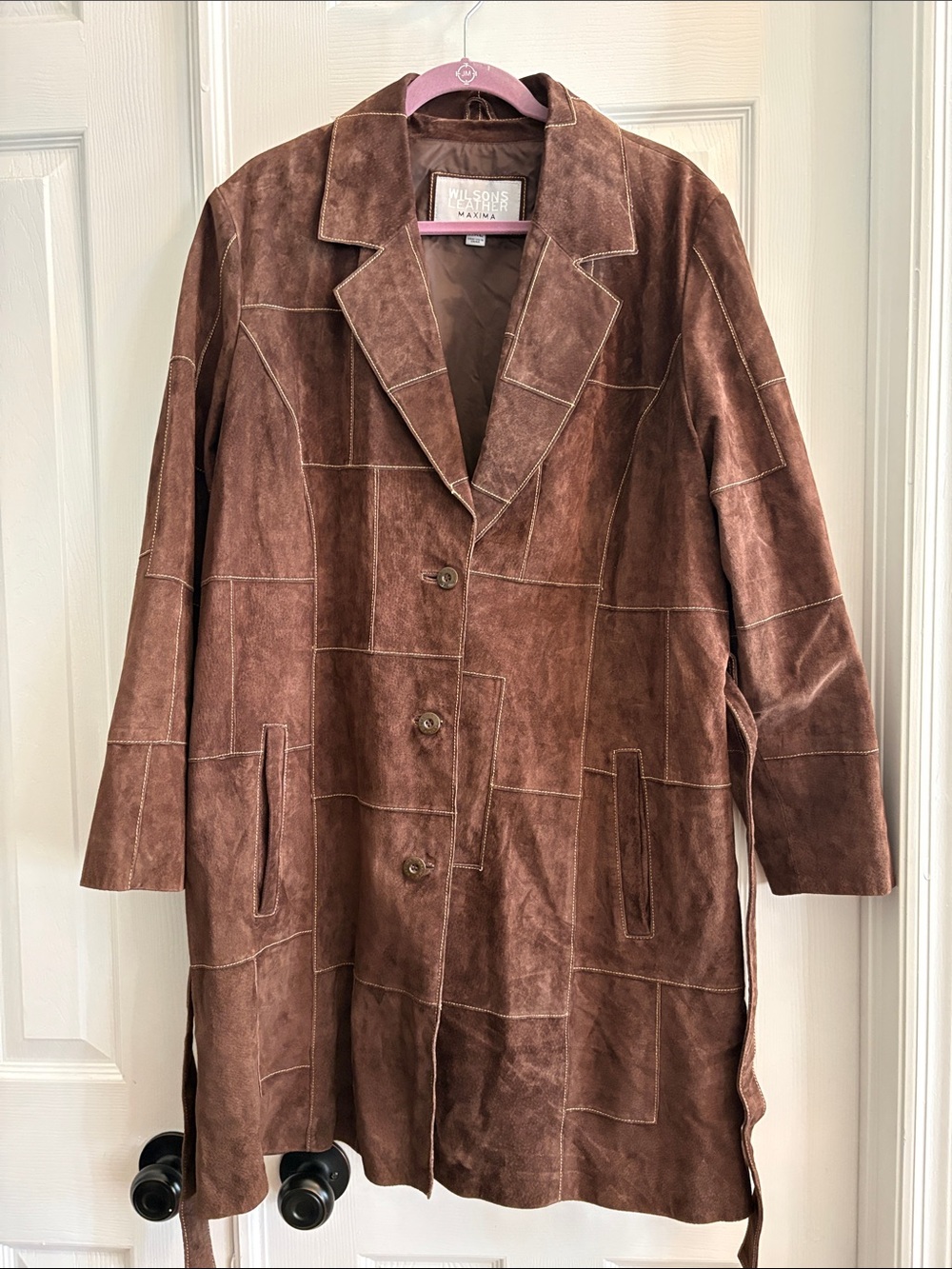 Wilson's Vintage Suede Leather Maxima Brown Patchwork Long Trench Coat Jacket
